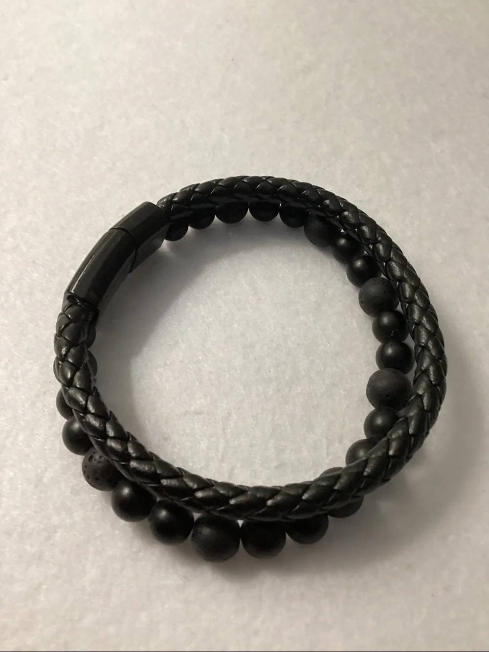 Men’s Lava Bead and Braided Leather Bracelet in Black Ion-Plated Stainless Steel